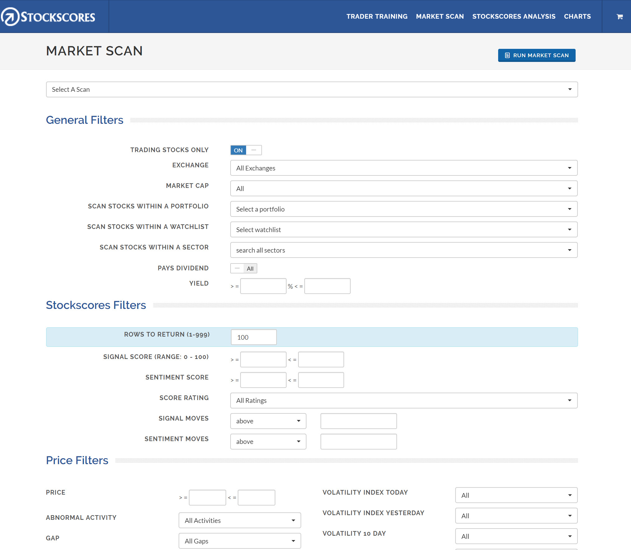 Stockscores Market Scan Tool